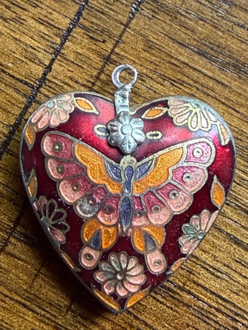 Vintage Cloisonné Heart Pendant with Butterfly, GORGEOUS!